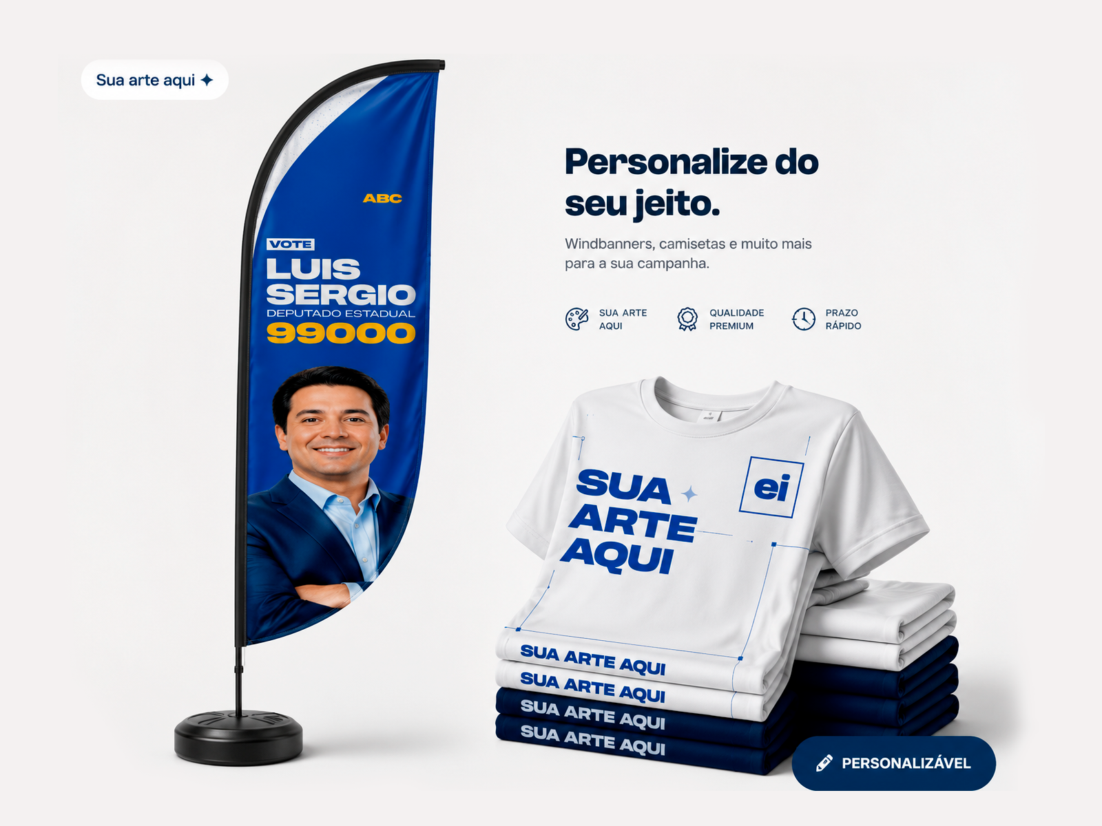Windbanner político personalizado e camisetas dobradas com sua arte